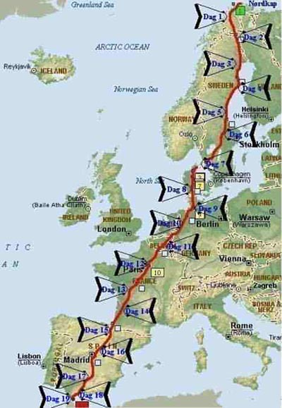 Min rute Nordkap-Gibraltar 2000